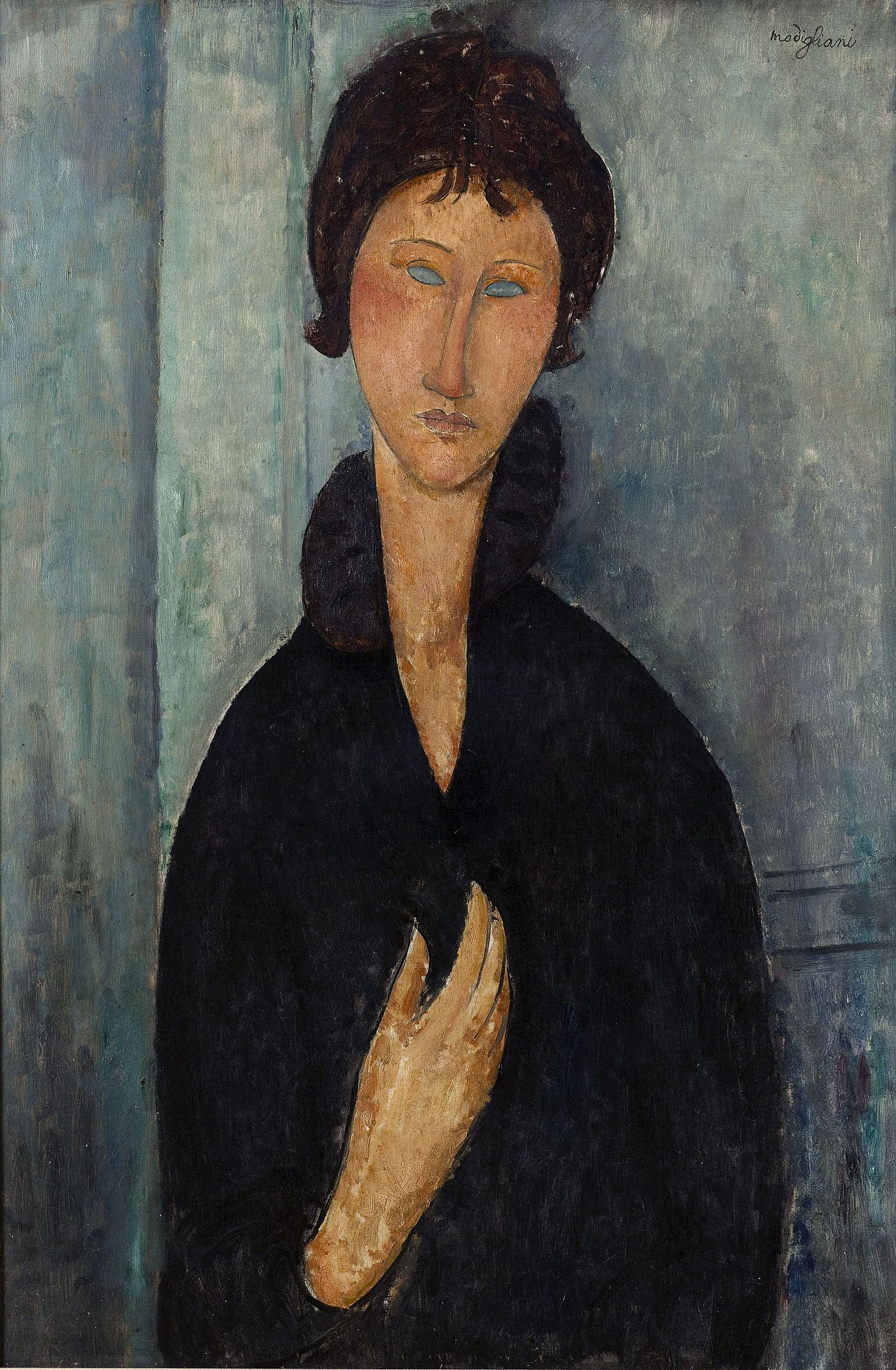 portrait d'une femme le visage penché, mélancolique dans des tons bleutés;