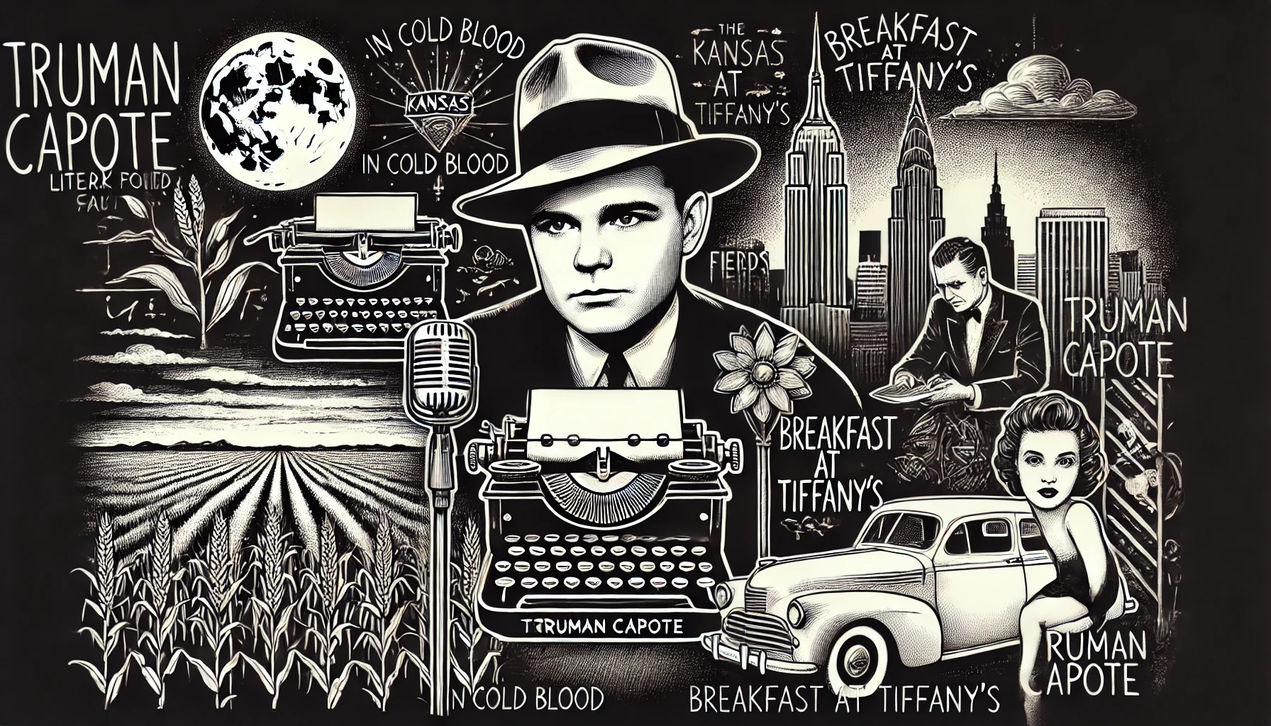 Illustration en noir et blanc représentant l'univers de Truman Capote